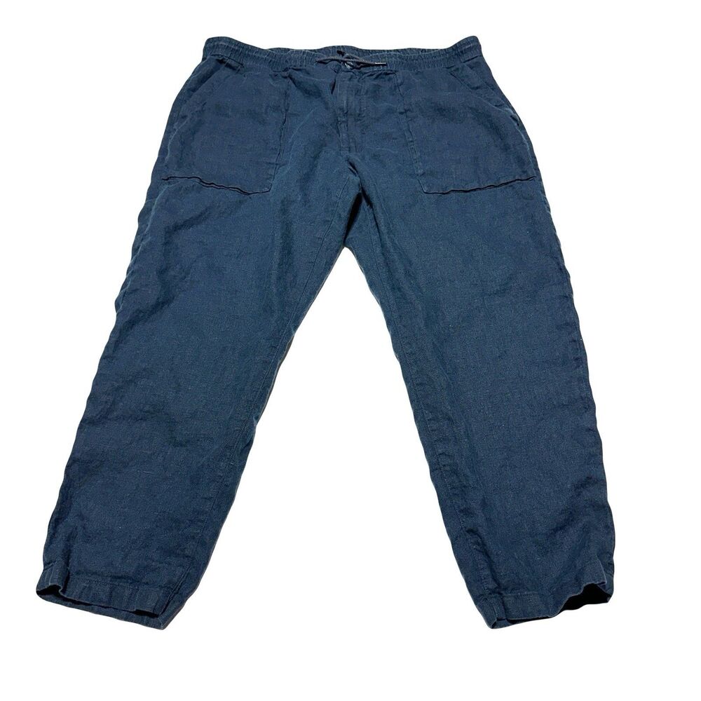 PROPER CLOTH Navy Casual Pure Linen Pants Drawstring Waist Crop 35x26.5